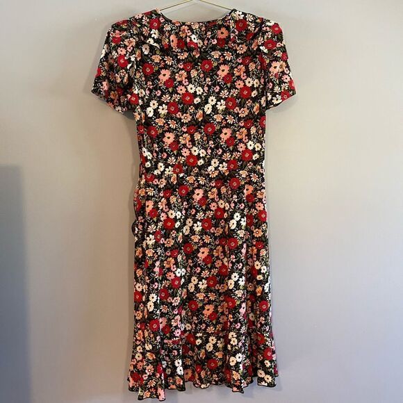 VTG By Design Red/Pink/Black Floral Puff Sleeve Surplice Faux Wrap Midi Dress, M - Picture 3 of 13